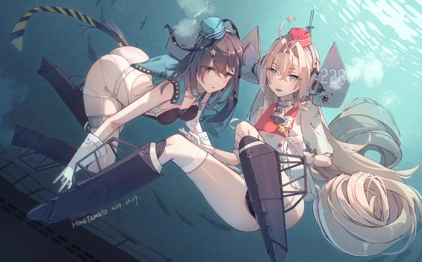 2girls aqua_headwear artist_name ass bell black_one-piece_swimsuit black_ribbon blue_eyes breasts coat competition_swimsuit dated drum_(kancolle) garrison_cap gloves grey_hair hair_ornament hair_rings hat headgear highleg highleg_swimsuit highres himeyamato kantai_collection long_hair md5_mismatch medium_breasts multiple_girls one-piece_swimsuit open_mouth parted_bangs pink_hair red_headwear ribbon scamp_(kancolle) shorts side_ponytail smile star_(symbol) star_hair_ornament star_ornament swimsuit swimsuit_under_clothes thighs underwater white_coat white_gloves white_shorts