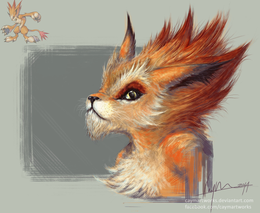 2014 alternate_form ambiguous_anthro ambiguous_gender anthro black_nose bust_portrait caymartworks chest_tuft detailed detailed_fur dipstick_ears ear_markings felid final_fantasy final_fantasy_viii fur glistening glistening_eyes grey_background hi_res mammal moomba multicolored_ears orange_body orange_fur portrait realistic reference_image side_view simple_background solo square_enix tan_body tan_fur three-quarter_view tuft whiskers yellow_eyes