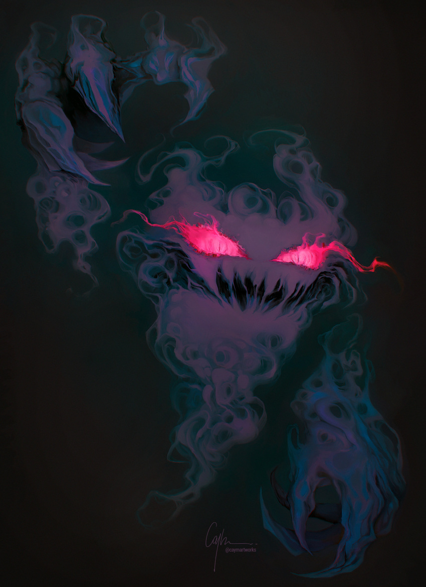 2020 air_creature alternate_form big_hands black_background caymartworks disembodied_head elemental_creature eye_mist floating_hands front_view full-length_portrait generation_1_pokemon ghost glowing glowing_eyes haunter hi_res jagged_mouth living_smoke looking_at_viewer nintendo not_furry open_mouth pink_eyes pink_sclera pokemon pokemon_(species) portrait pupils purple_body reaching_towards_viewer realistic simple_background slit_pupils smoke solo spirit