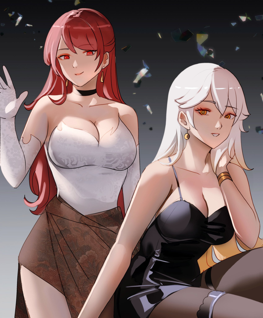 2girls black_dress bracelet breasts brown_skirt dress earrings elbow_gloves gloves highres jewelry large_breasts long_hair multiple_girls notgustiarp original red_eyes red_hair skirt smile thighhighs upper_body waving_hands white_dress white_hair