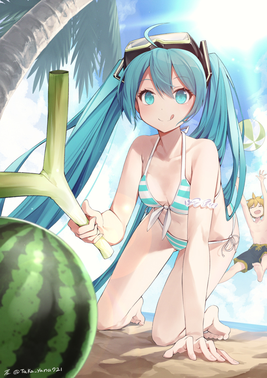 1boy absurdres all_fours aqua_bikini aqua_eyes aqua_hair ball beach beachball bikini blue_sky breasts cloud commentary day diving_mask diving_mask_on_head female food front-tie_bikini_top front-tie_top fruit goggles goggles_on_head hatsune_miku highres holding holding_food holding_spring_onion holding_vegetable horizon kagamine_len ocean outdoors palm_tree side-tie_bikini_bottom sky small_breasts solo_focus spring_onion striped_bikini striped_clothes suikawari swimsuit taka.yana tongue tongue_out tree twintails vegetable vocaloid watermelon