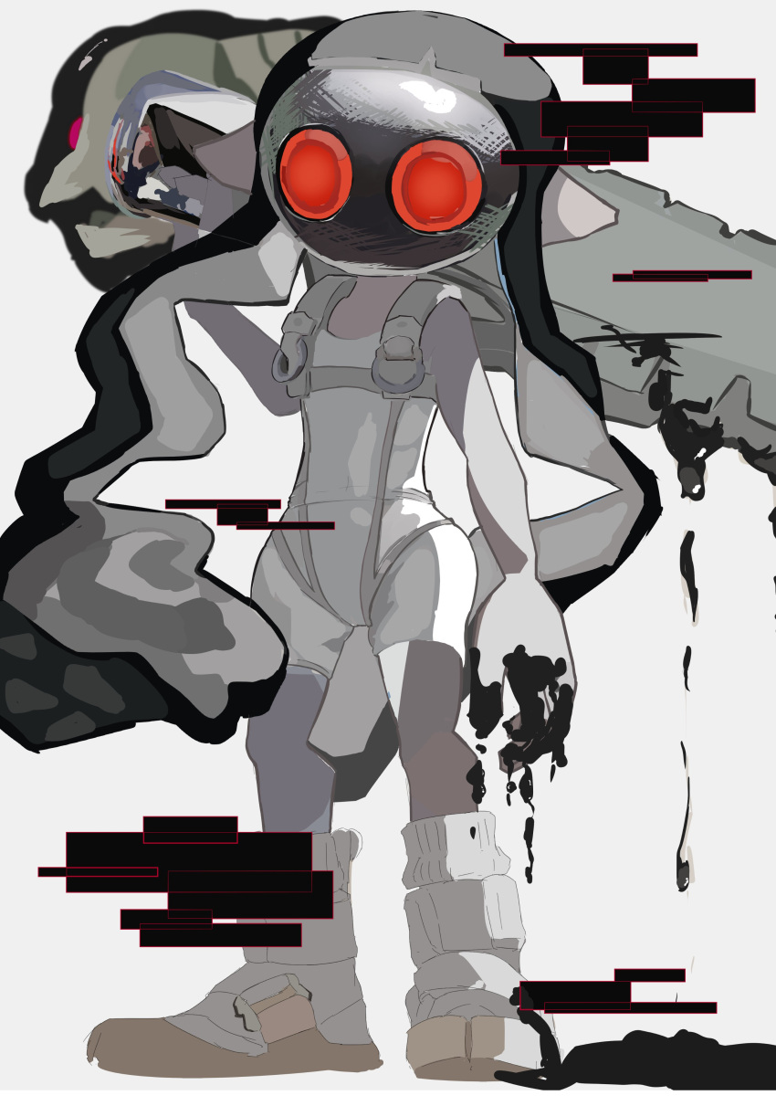 absurdres bodysuit colored_skin commentary_request female full_body glitch grey_background grey_skin highres holding holding_sword holding_weapon jelleton m46_u marching_andante order_splatana_(splatoon) parallel_canon pointy_ears red_eyes simple_background sleeveless sleeveless_bodysuit solo splatoon_(series) splatoon_3 splatoon_3:_side_order standing sword weapon white_bodysuit