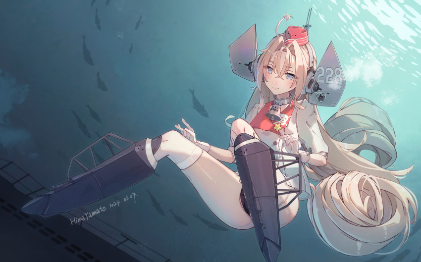 ballet_boots bell blonde_hair coat drum_(kancolle) female garrison_cap gloves hair_ornament hair_rings hat highres himeyamato kantai_collection long_hair md5_mismatch neck_bell parted_bangs red_hat smile solo star_(symbol) star_hair_ornament star_ornament swimsuit swimsuit_under_clothes thighhighs underwater very_long_hair white_coat white_gloves white_thighhighs