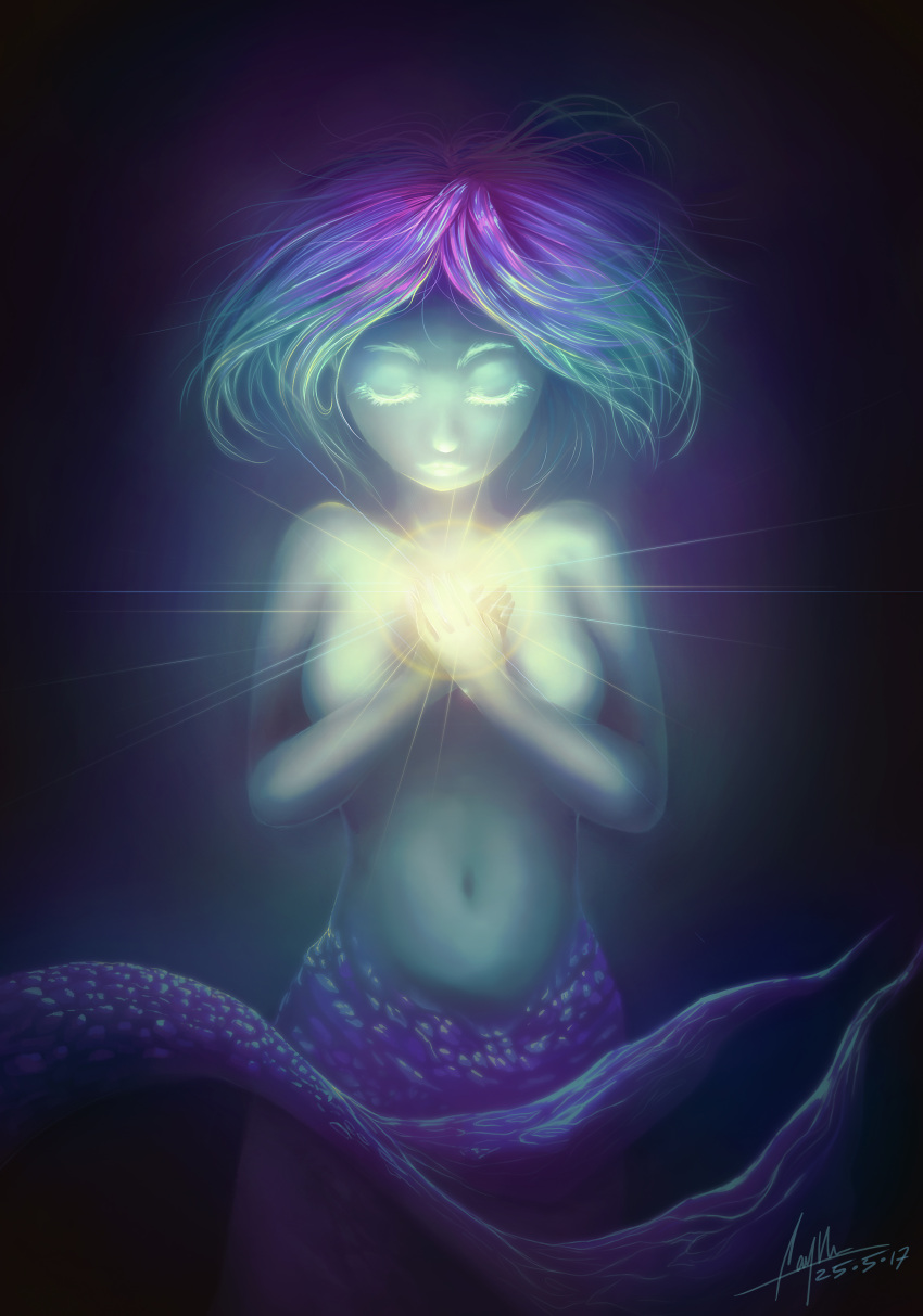 2017 absurd_res alternate_species breasts caymartworks closed_eyes colorful_theme cool_colors detailed detailed_scales featureless_breasts female front_view glowing glowing_eyelashes glowing_lips hair hand_on_chest hands_together hi_res light light_body light_skin lighting lips magic marine merfolk multicolored_hair navel nude purple_body purple_scales scales solo split_form underwater water