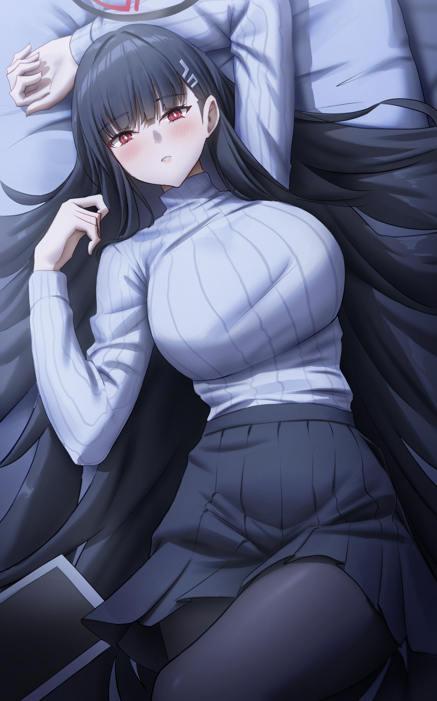 absurdres arm_up bad_id bad_pixiv_id black_hair black_pantyhose black_skirt blue_archive blush breasts bright_pupils female gileu hair_ornament halo highres large_breasts long_hair long_sleeves looking_at_viewer lying on_back pantyhose parted_lips pleated_skirt red_eyes rio_(blue_archive) skirt solo sweater sweater_tucked_in turtleneck turtleneck_sweater very_long_hair white_pupils white_sweater