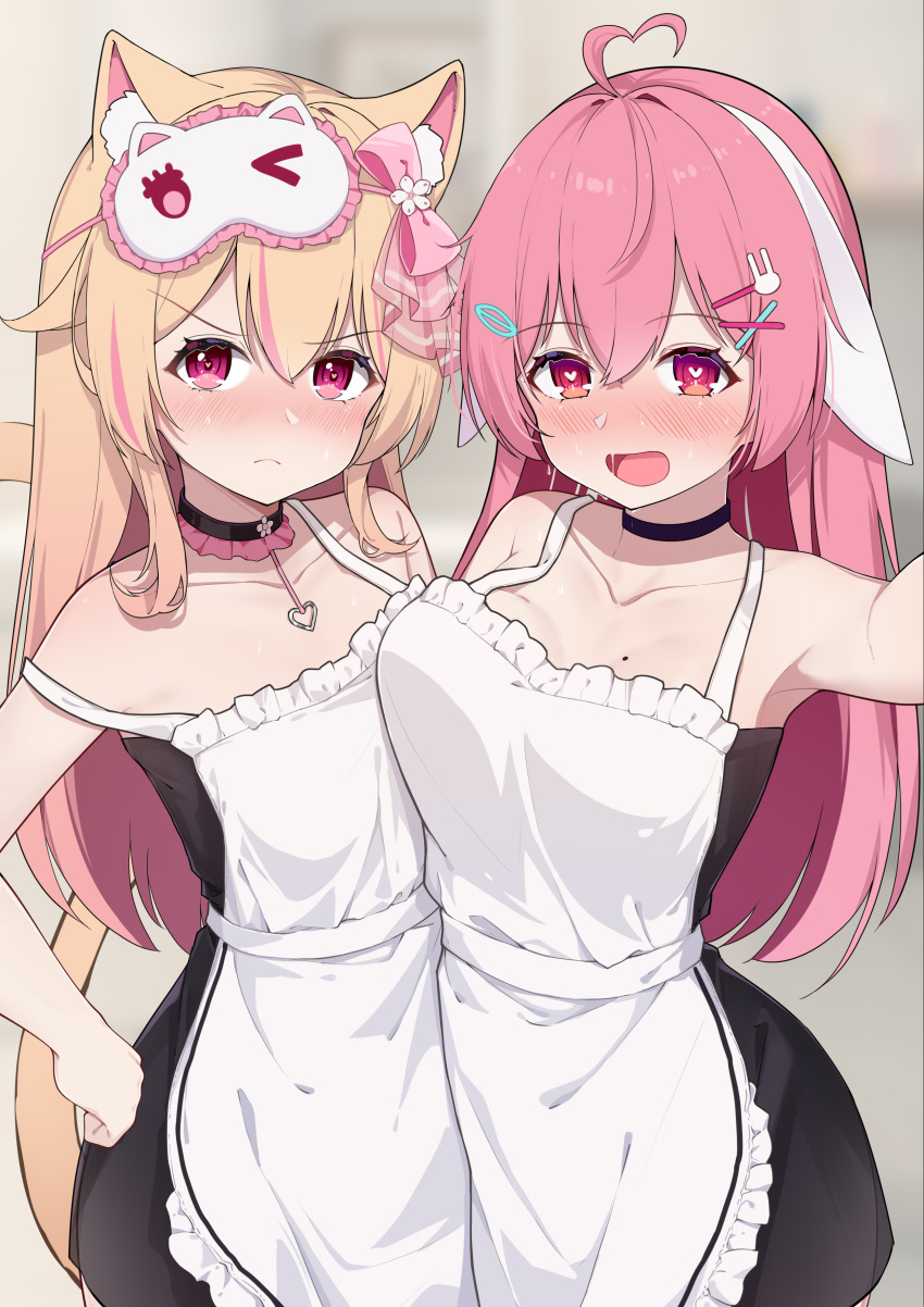 2girls :d absurdres ahoge alternate_costume angry animal_ear_fluff animal_ears apron asymmetrical_docking atsuishio black_choker black_dress blonde_hair blush bow breast_press breasts cat_ears cat_mask cat_tail chinese_commentary chiram_(vtuber) choker collarbone commentary_request dress drooling enmaided eye_mask female_pervert floppy_ears frilled_choker frills gradient_hair hair_flaps hair_ornament hairbow hairclip hand_on_own_hip hand_up heart heart-shaped_pupils heart_ahoge heart_pendant highres large_breasts long_hair looking_at_viewer lop_rabbit_ears maid mask mask_on_head mole mole_on_breast multicolored_hair multiple_girls nose_blush pendant_choker pervert pink_bow pink_eyes pink_hair pout providence_project rabbit_ears rabbit_hair_ornament reaching reaching_towards_viewer selfie shirako_(vtuber) sleep_mask small_breasts smile streaked_hair symbol-shaped_pupils tail v-shaped_eyebrows virtual_youtuber white_apron x_hair_ornament yellow_tail