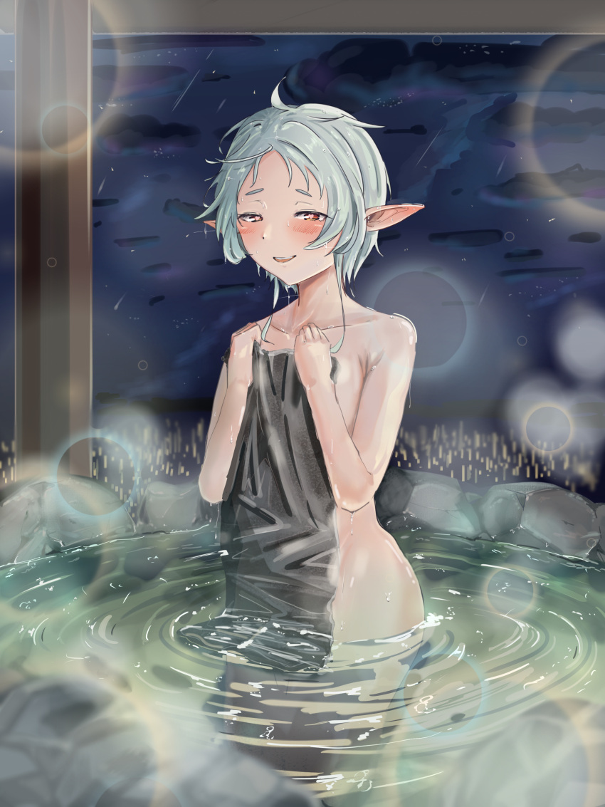 absurdres black_towel blush collarbone covering_privates elf female grey_hair heart heart-shaped_pupils highres holding holding_towel lens_flare looking_at_viewer mushoku_tensei night night_sky nude nude_cover onsen parted_bangs partially_submerged pointy_ears shooting_star short_hair_with_long_locks sky smile solo standing sylphiette_(mushoku_tensei) symbol-shaped_pupils synchro_penguin towel water