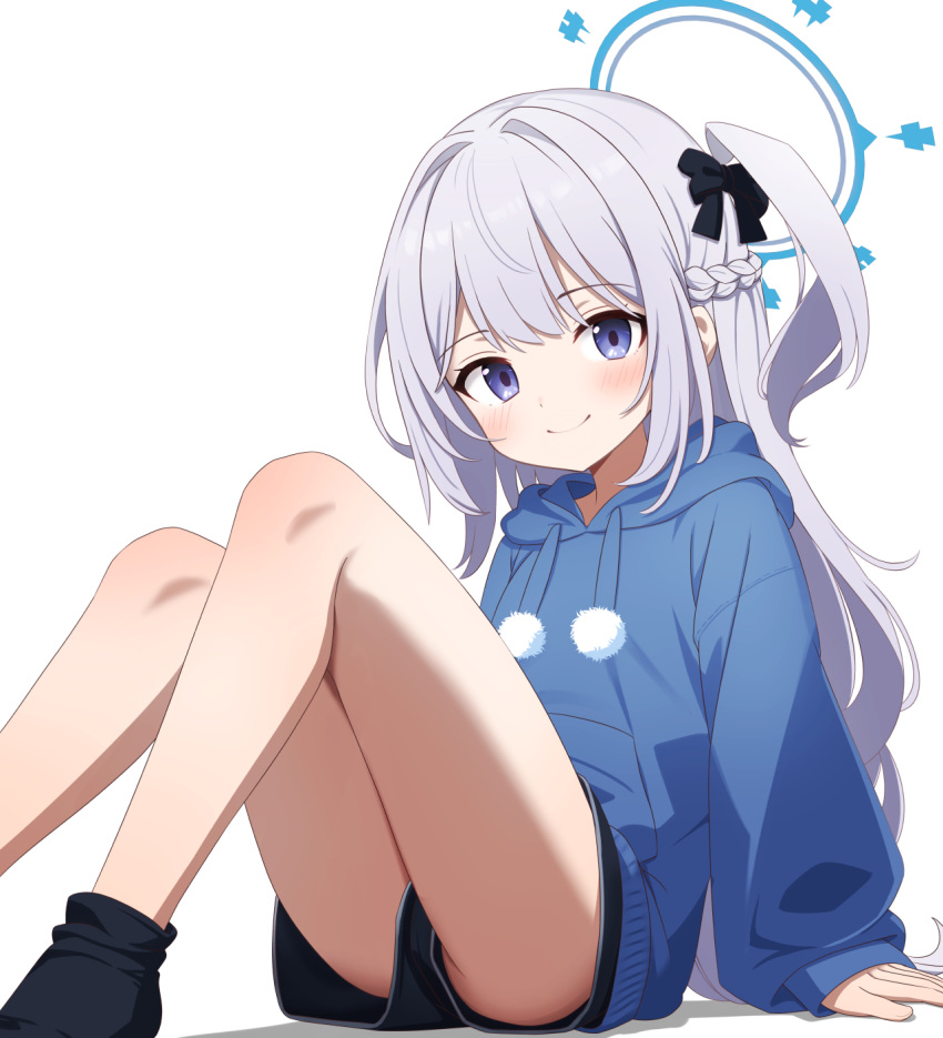 ass black_shorts black_socks blue_archive blue_halo blue_hoodie blush braid closed_mouth female grey_hair halo highres hood hood_down hoodie long_hair long_sleeves miyako_(blue_archive) miyako_(young)_(blue_archive) mutsuse official_alternate_costume one_side_up purple_eyes shorts simple_background smile socks solo white_background