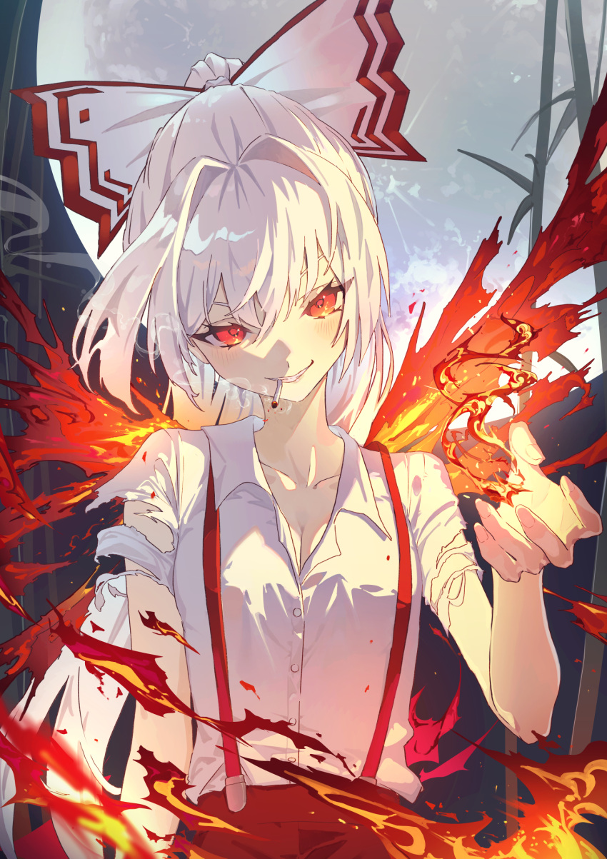 bamboo bamboo_forest bow breasts cigarette cleavage collared_shirt commentary_request cowboy_shot female fiery_wings fire forest fujiwara_no_mokou grin hair_intakes hairbow hand_up highres huge_moon long_hair looking_at_viewer mont_blanca moon nature night pants ponytail pyrokinesis red_bow red_eyes red_pants shirt smile smoke solo suspenders torn_clothes torn_sleeves touhou two-tone_bow very_long_hair white_bow white_hair white_shirt wings