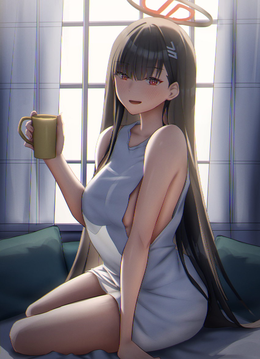 absurdres alternate_costume bad_id bad_pixiv_id bare_arms bare_shoulders black_hair blue_archive blush breasts bright_pupils collarbone cup dress female gileu hair_ornament halo highres holding holding_cup indoors large_breasts long_hair looking_at_viewer parted_lips pillow red_eyes rio_(blue_archive) sitting sleeveless smile solo thighs white_dress white_pupils