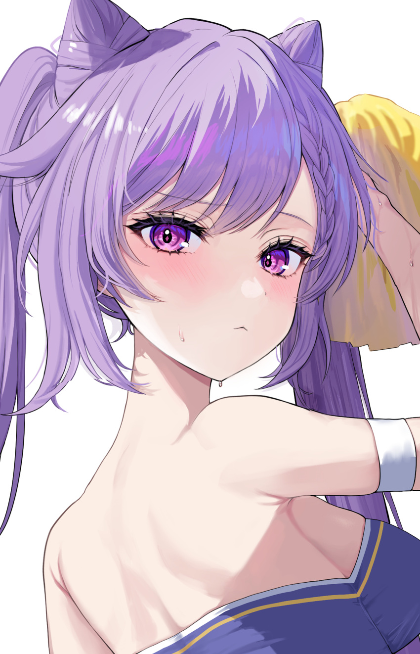 bare_back bare_shoulders cheerleader commentary female genshin_impact highres holding holding_pom_poms keqing_(genshin_impact) kuuhaku_(wutt5584) long_hair looking_at_viewer pom_pom_(cheerleading) purple_eyes purple_hair strapless twintails unfinished