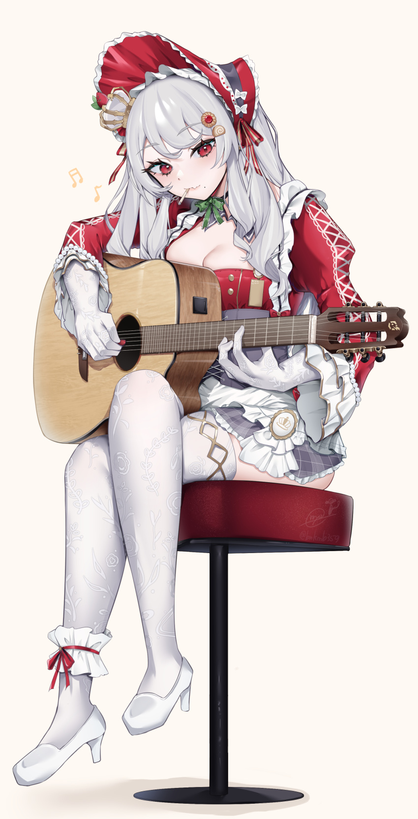 absurdres amazura_sumoa bar_stool bow bowtie bracelet breasts cigarette cleavage closed_mouth crossed_legs crown enryuu_(rmxs3488) female food-themed_hair_ornament frilled_headwear frilled_skirt frills gloves green_bow green_bowtie grey_corset grey_hair grey_skirt guitar hair_ornament hat hat_bow high_heels highres holding holding_guitar holding_instrument holding_plectrum instrument jewelry long_hair mini_crown mole mole_under_mouth musical_note oerba_yun_fang pearl_bracelet plectrum red_eyes red_hat signature sitting skin_fang skirt smoking solo stool thighhighs twitter_username vebop_project virtual_youtuber white_bow white_footwear white_gloves white_thighhighs