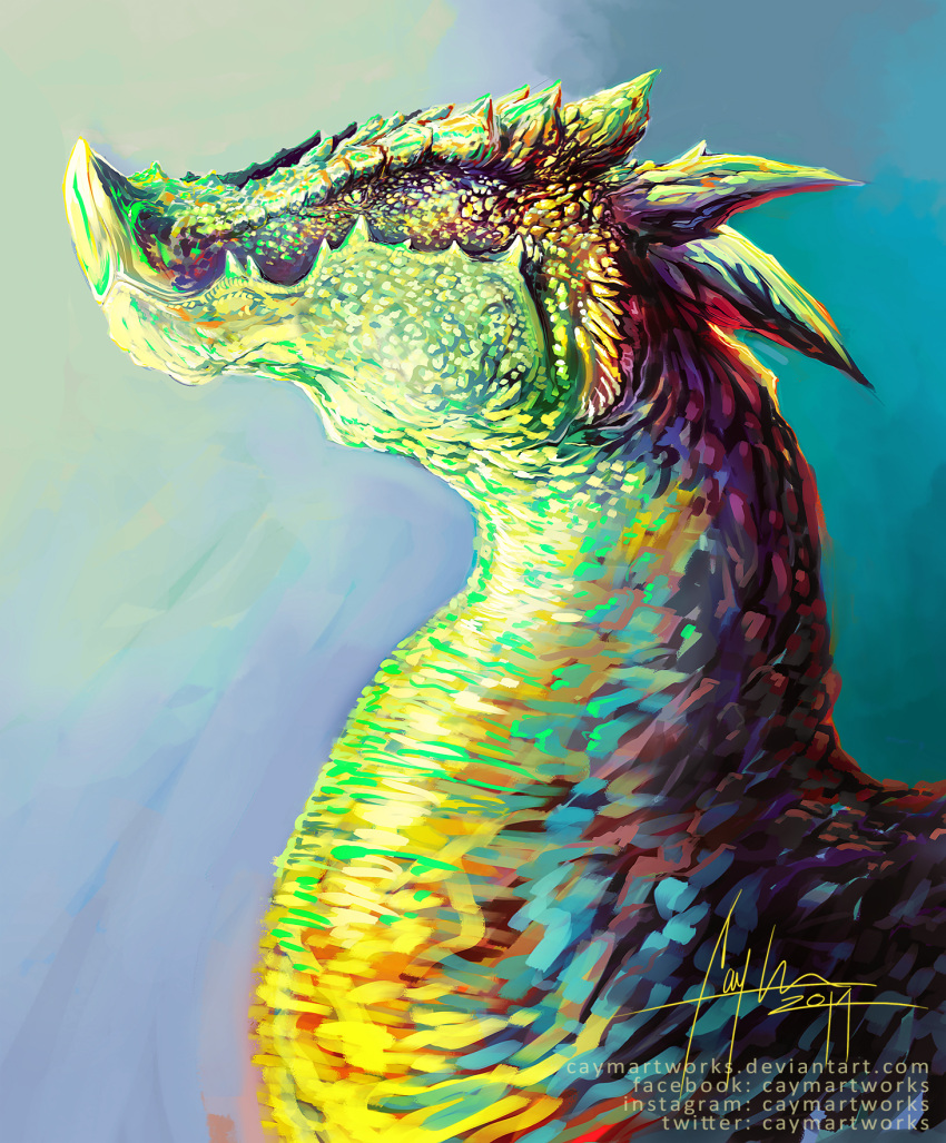 2014 ambiguous_feral ambiguous_gender bust_portrait caymartworks colorful_theme dragon facial_horn fangs feral gradient_background head_spikes hi_res horn long_mouth long_neck low-angle_view mythological_creature mythological_scalie mythology nose_horn overbite portrait psychedelic pupils scales scalie side_view simple_background slit_pupils snout solo spikes spikes_(anatomy) teeth text url