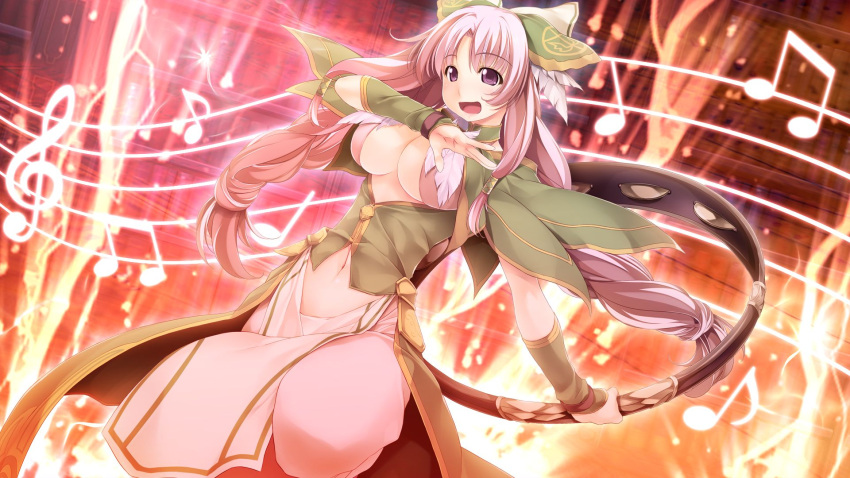 atelier-moo braid breasts cleavage curtained_hair dancing dress female full_body hair_ribbon highres large_breasts long_hair musical_note navel nina_lazydaisy open_mouth pink_eyes pink_hair ribbon smile solo standing twin_braids wizards_symphony