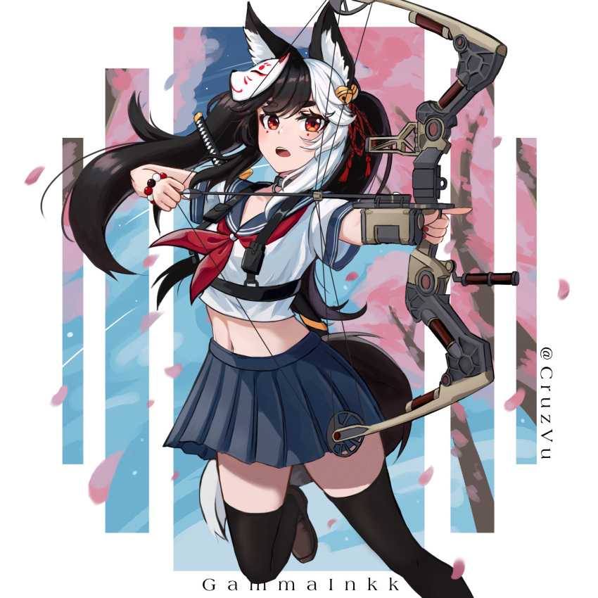 animal_ear_fluff animal_ears apex_legends arrow_(projectile) artist_name bead_bracelet beads black_thighhighs blue_sailor_collar blue_skirt bocek_compound_bow bow_(weapon) bracelet brown_footwear character_name cherry_blossoms commentary cruzvu drawing_bow english_commentary female floating_hair fox_ears fox_girl fox_mask fox_tail gammainkk highres holding holding_bow_(weapon) holding_weapon indie_virtual_youtuber jewelry katana long_hair mask mask_on_head midriff multicolored_hair navel neckerchief petals pleated_skirt red_neckerchief sailor_collar school_uniform serafuku shirt skirt solo streaked_hair sword tail thighhighs twintails virtual_youtuber weapon weapon_on_back white_shirt