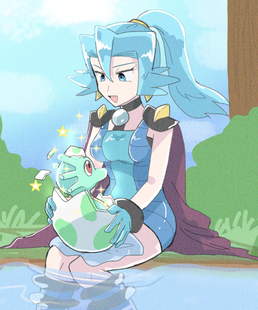 :d alternate_color blue_bodysuit blue_eyes blue_gloves blue_hair blue_sky bodysuit breasts cape clair_(pokemon) commentary_request cracked_egg egg female gloves hair_between_eyes high_ponytail highres large_breasts long_hair pokemon pokemon_(creature) pokemon_egg pokemon_hgss red_cape red_eyes shiny_pokemon shu_(witb_) sky smile soaking_feet sparkle teeth upper_teeth_only