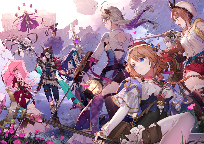 3boys 6+girls absurdres ahoge animal_ears antje_moltke armor asymmetrical_sleeves atelier_(series) atelier_escha_&_logy atelier_resleriana atelier_ryza backless_outfit bandaged_arm bandages belt black_gloves black_hair black_shorts black_thighhighs blonde_hair blue_coat blue_eyes blue_hair blue_pants book braid braided_ponytail breasts broken_horn brown_eyes brown_hair brown_jacket brown_pants capelet cat_ears choker clothing_cutout coat criselda_(atelier) crow_(atelier) crown demon_horns detached_sleeves dress dual_wielding eyepatch fingerless_gloves floating floating_island flower frilled_dress frills geron_diesel gloves hair_between_eyes hair_ornament hairclip hat highres holding holding_polearm holding_staff holding_umbrella holding_weapon horns jacket jewelry juliet_sleeves lantern lara_trockel logix_ficsario long_sleeves looking_at_another looking_back mismatched_sleeves multicolored_hair multiple_belts multiple_boys multiple_girls necklace noco_(adamas) o-ring official_art open_mouth pale_skin pants pauldrons pink_choker pink_eyes pink_hair polearm pouch promotional_art puffy_sleeves purple_coat purple_hair red_dress red_eyes red_shorts reisalin_stout resna_sternenlicht ruins shirt short_hair short_shorts shorts shoulder_armor sideboob single_pauldron sitting staff standing star_(symbol) star_choker streaked_hair sword thigh_pouch thigh_strap thighhighs thighs tokki two-tone_hair umbrella umiu_geso valeria_(atelier) walther_mann weapon white_dress white_hair white_jacket white_shirt white_thighhighs yellow_eyes