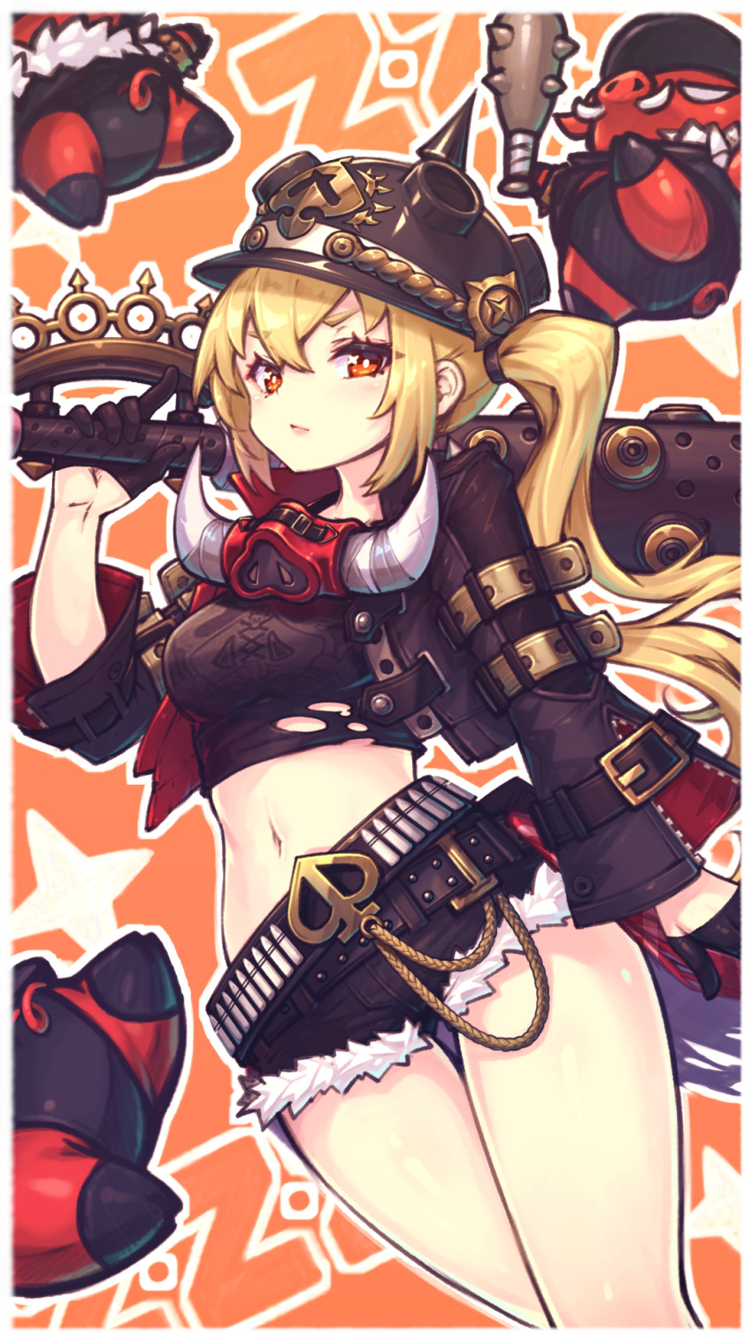 blonde_hair boar boar_mask club_(weapon) cropped_jacket denim denim_shorts female gloves gogatsu_no_renkyuu half_gloves helmet highres holding holding_club holding_weapon luciana_de_montefio midriff navel orange_background over_shoulder pickelhaube red_eyes shorts side_ponytail thighs weapon weapon_over_shoulder zenless_zone_zero