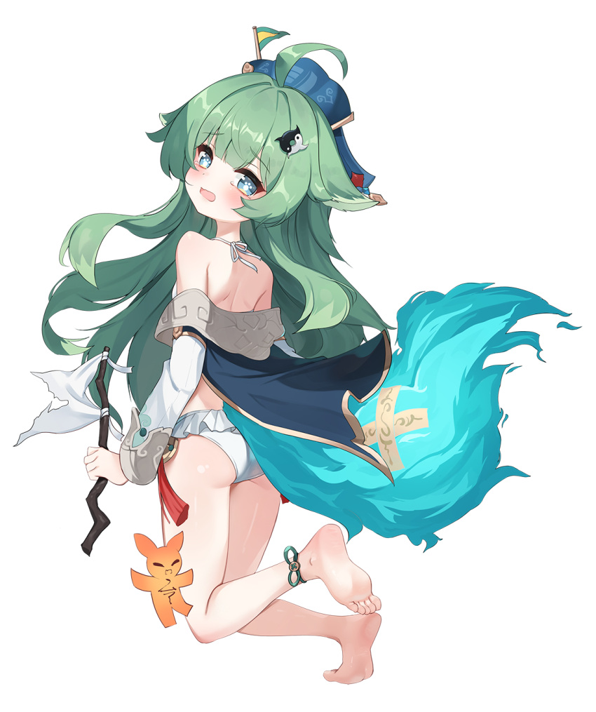 2drr animal_ears ass bare_shoulders barefoot bikini bikini_under_clothes blue_eyes blue_fire blue_hat blue_jacket blush commentary_request female fiery_tail fire flag frilled_bikini frills full_body green_hair hat highres holding holding_flag honkai:_star_rail honkai_(series) huohuo_(honkai:_star_rail) jacket long_hair looking_at_viewer looking_back off_shoulder open_mouth pennant simple_background soles solo swimsuit tail very_long_hair white_background white_bikini white_flag