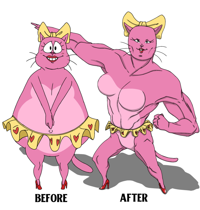 2024 4_fingers accessory after_transformation annabelle_(eek!_the_cat) anthro before_and_after bent_arm big_breasts big_chest big_eyes big_muscles biped black_eyes black_text blush blush_lines bottomwear bow_(feature) bow_ribbon breasts clothed clothing color_edit colored countershade_fur countershade_torso countershading dbaru digital_drawing_(artwork) digital_media_(artwork) domestic_cat eek!_the_cat english_text extended_arm eyelashes featureless_breasts featureless_crotch felid feline felis female fingers fist footwear front_view fur glistening glistening_lips growth hair_accessory hair_ribbon hairbow hands_together heart_print heart_symbol hi_res high_heels humanoid_hands iris light_body light_ears light_fur light_tail lips lipstick long_eyelashes long_whiskers looking_at_viewer makeup mammal microskirt miniskirt monotone_tail muscle_growth muscular muscular_anthro muscular_arms muscular_female muscular_thighs navel no_pupils obese obese_anthro obese_female overweight overweight_anthro overweight_female pink_blush pink_body pink_countershading pink_ears pink_fur pink_tail pose prick_ears print_bottomwear print_clothing print_microskirt print_miniskirt print_skirt red_clothing red_footwear red_heart red_high_heels red_lips red_lipstick ribbons shadow shoes simple_background skirt small_nose smile smiling_at_viewer solo standing straight_legs tail text thick_neck third-party_edit top_heavy topless topless_anthro topless_female whiskers white_background yellow_bottomwear yellow_bow yellow_clothing yellow_microskirt yellow_miniskirt yellow_skirt