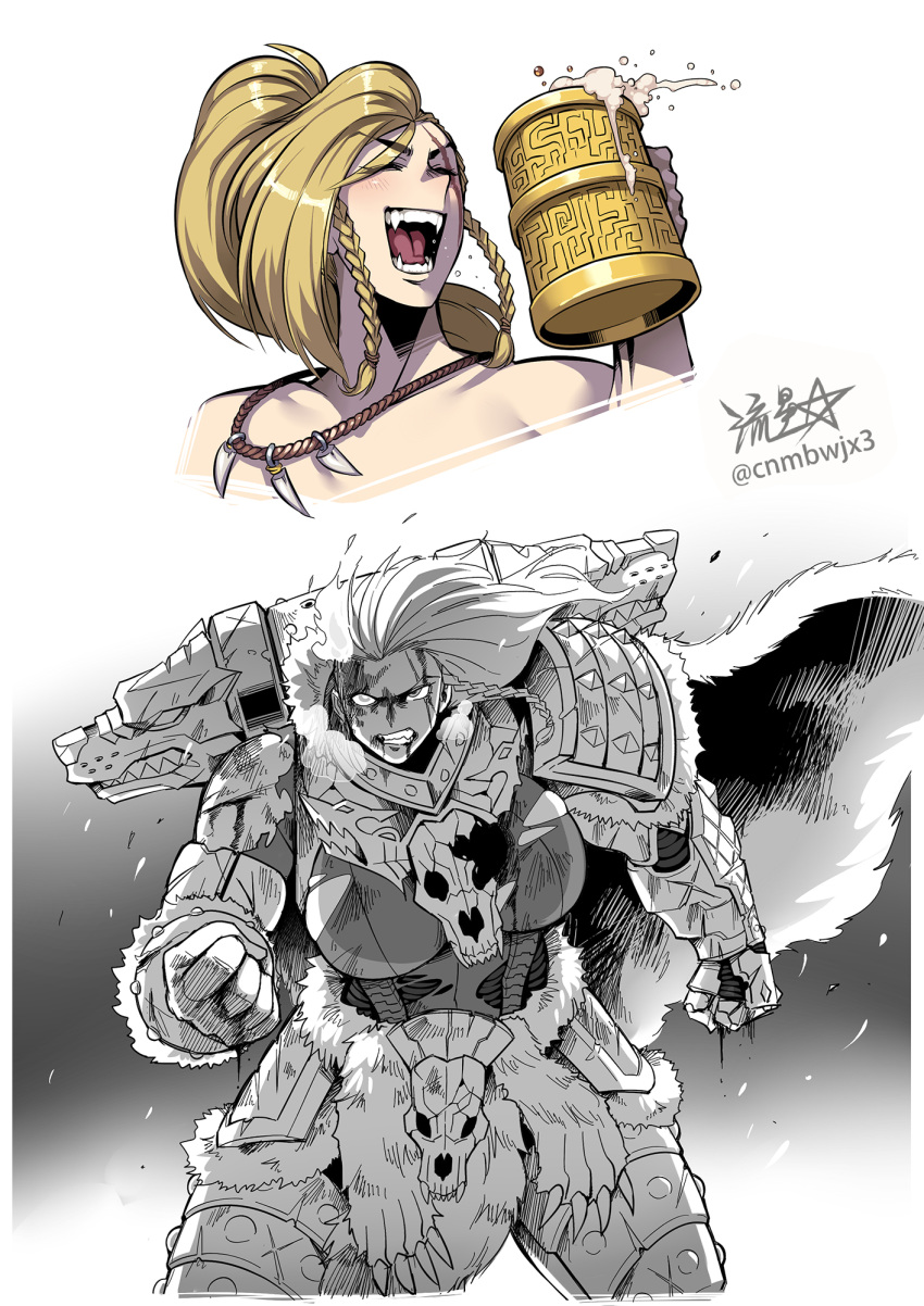 :d adeptus_astartes alcohol angry animal_skull armor beer beer_mug blonde_hair blood blood_from_mouth blood_on_clothes blood_on_face blood_on_hands blush boobplate braid breastplate breath cape clenched_hand clenched_teeth commentary cup damaged drink fang_out fangs female fighting_stance fur_cape gauntlets genderswap_(mtf) greaves heavy_breathing highres holding holding_cup injury jewelry laughing leman_russ long_hair mug multiple_views necklace oerba_yun_fang open_mouth pauldrons pelt pelvic_curtain ponytail primarch rule_63 ryuusei_(mark_ii) scar scar_across_eye shoulder_armor shoulder_spikes side_braids signature simple_background smile space_wolves spikes tankard teeth tooth_necklace torn torn_clothes warhammer_40k white_background