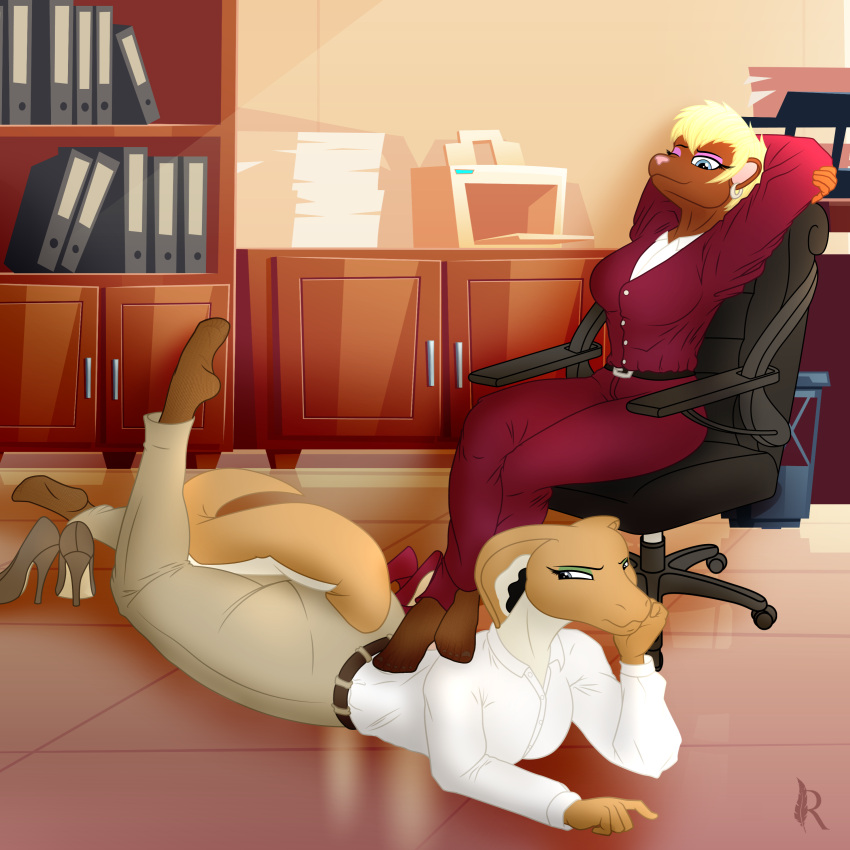 absurd_res anthro bottomwear chair clothing cobra digiqrow duo feet female female/female foot_fetish footstool footwear furniture herpestid hi_res high_heels humanoid_feet mammal mongoose office office_chair office_clothing pants plantigrade reptile scalie shoes smile smirk snake unimpressed