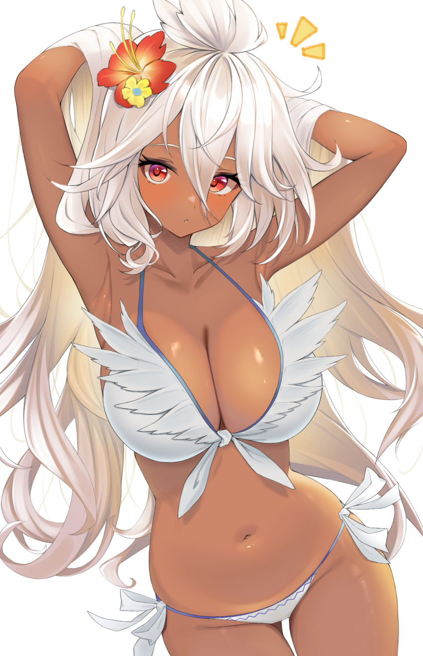 ahoge armpits bikini breasts cleavage commentary_request dark-skinned_female dark_skin female flower front-tie_bikini_top front-tie_top granblue_fantasy hair_between_eyes hair_flower hair_ornament hibiscus highres long_hair medium_breasts navel official_alternate_costume red_eyes side-tie_bikini_bottom solo swimsuit torikun white_bikini white_hair zooey_(granblue_fantasy) zooey_(summer)_(granblue_fantasy)