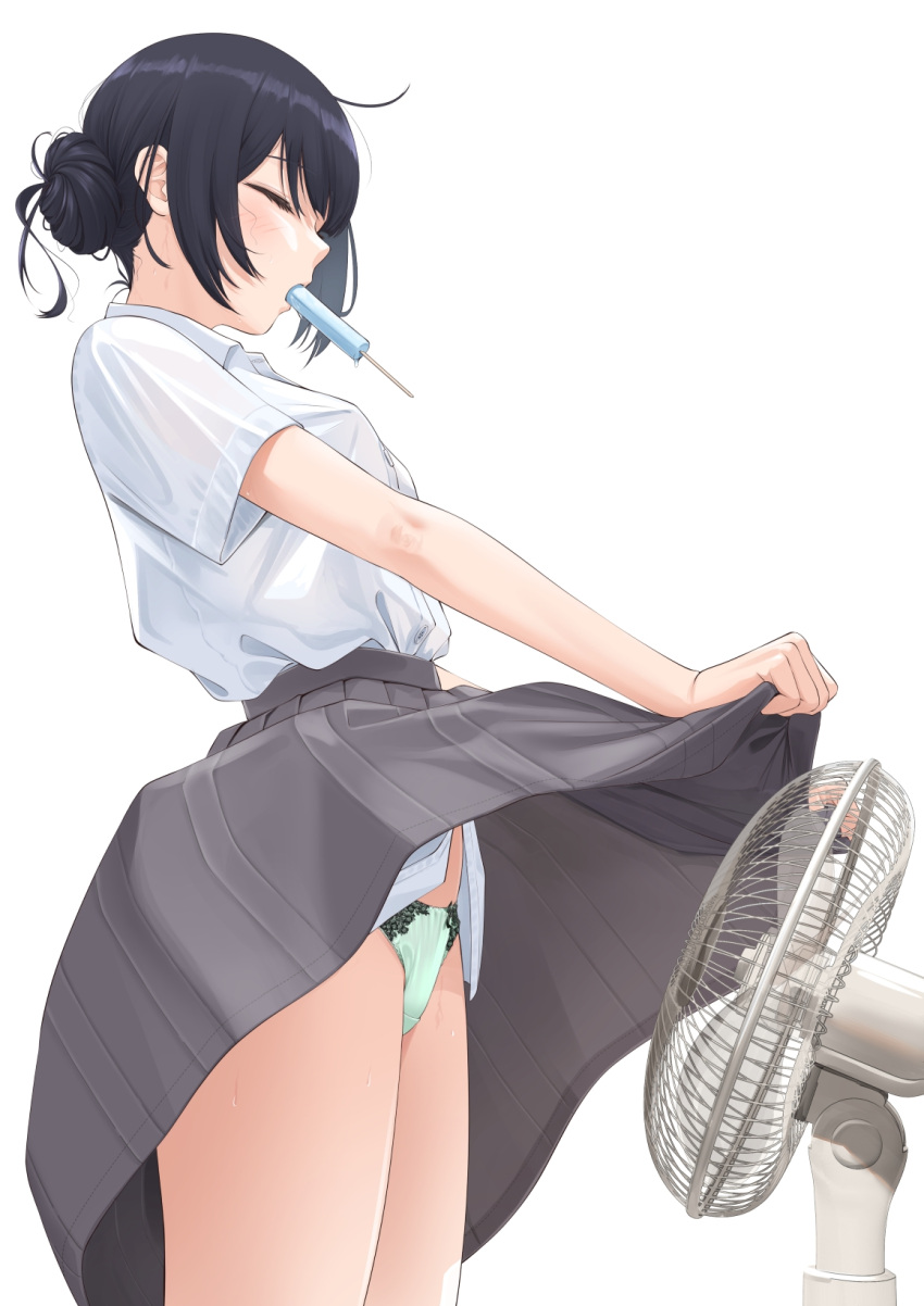 black_hair closed_eyes commentary_request electric_fan female food green_panties grey_skirt highres idolmaster idolmaster_shiny_colors morino_rinze mouth_hold panties pleated_skirt popsicle puriketsu_corgy school_uniform shirt shirt_tucked_in short_sleeves simple_background skirt skirt_hold solo underwear white_background white_shirt wind