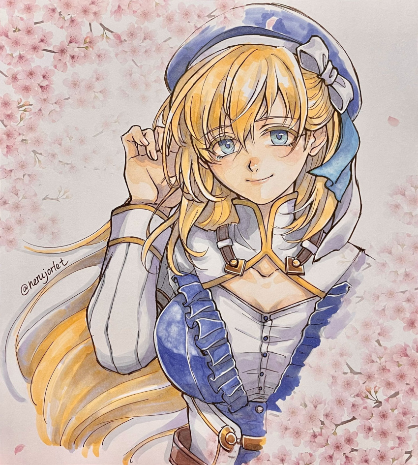 agnes_claudel alternate_costume artist_name blonde_hair blue_hat bow breasts cherry_blossoms closed_mouth commentary_request eiyuu_densetsu female gold_trim hair_between_eyes hair_bun hairbow hat highres kai_no_kiseki kuro_no_kiseki_(series) large_breasts long_hair looking_at_viewer nerujorlet smile solo traditional_media twitter_username white_bow