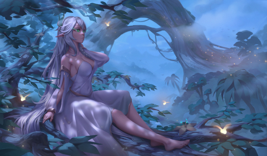 bare_shoulders barefoot braid branch breasts cleavage commentary detached_sleeves dress english_commentary female fireflies from_side full_body genshin_impact gold_trim green_eyes hair_between_eyes hair_ornament hand_up highres large_breasts long_hair long_sleeves nature night outdoors pointy_ears rukkhadevata_(genshin_impact) sitting solo stormstx strapless strapless_dress toes very_long_hair white_dress white_hair white_sleeves