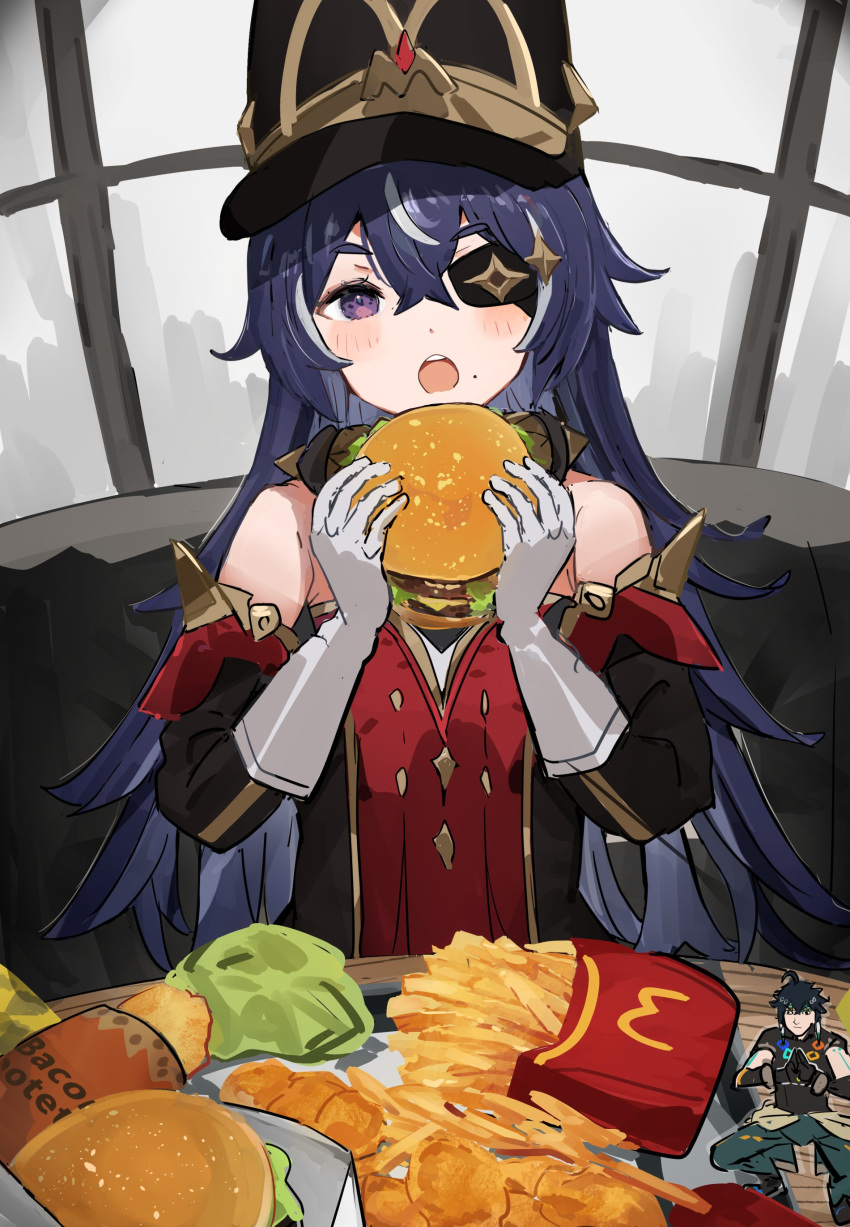 :o absurdres action_figure balancing_sasuke black_hat burger chevreuse_(genshin_impact) chicken_nuggets dress eyepatch female food french_fries gloves hands_up hat highres holding holding_burger holding_food kinich_(genshin_impact) long_hair looking_at_viewer mcdonald's mole mole_under_mouth naruto_(series) open_mouth parody purple_eyes purple_hair sugiyama_noriaki the_olphy very_long_hair white_gloves