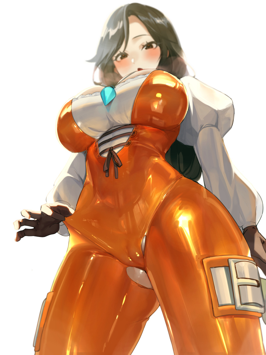 absurdres black_hair bodysuit breasts cameltoe cleavage commission female final_fantasy final_fantasy_ix garnet_til_alexandros_xvii gloves highres himerin jewelry lace-up_top large_breasts looking_down necklace orange_bodysuit pixiv_commission skin_tight solo tight_clothes torn_clothes