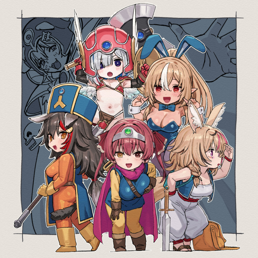 6+girls :d amane_kanata animal_ears armor bikini_armor black_hair blonde_hair bodysuit breasts cleavage cosplay dragon_quest dragon_quest_iii fake_animal_ears hero_(dq3) hero_(dq3)_(cosplay) heterochromia highres hololive houshou_marine inugami_korone large_breasts long_hair multiple_girls omaru_polka ookami_mio open_mouth orange_bodysuit priest_(dq3) priest_(dq3)_(cosplay) rabbit_ears red_eyes red_hair sage_(dq3) sage_(dq3)_(cosplay) shiranui_flare short_hair smile soldier_(dq3) soldier_(dq3)_(cosplay) tenchisouha virtual_youtuber yellow_eyes