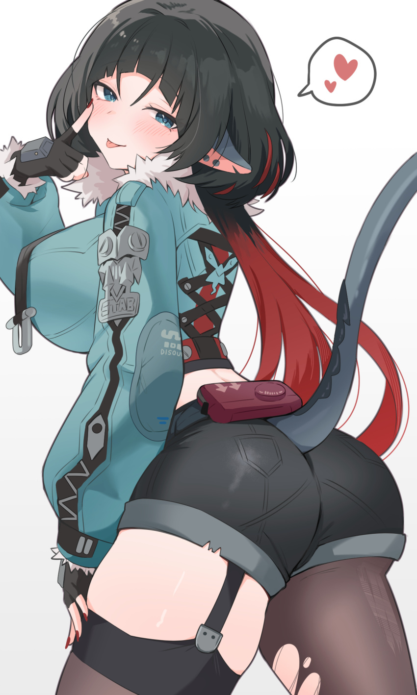 animal_ears aqua_eyes aqua_jacket ass black_gloves black_hair black_pantyhose black_shorts black_thighhighs breasts commentary enipa_28 female finger_to_eye fingerless_gloves fur-trimmed_jacket fur_trim garter_straps gloves heart highres jacket jane_doe_(zenless_zone_zero) large_breasts long_hair mouse_ears mouse_girl mouse_tail multicolored_hair pantyhose red_hair red_nails short_shorts shorts simple_background single_leg_pantyhose single_thighhigh solo spoken_heart tail thighhighs tongue tongue_out torn_clothes torn_pantyhose two-tone_hair white_background zenless_zone_zero