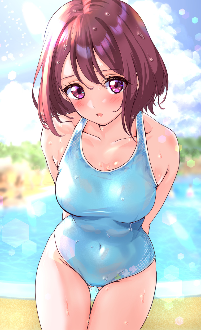 absurdres ass_visible_through_thighs blue_sky blush breasts brown_hair casual_one-piece_swimsuit collarbone covered_navel day female hair_ornament hairclip hanadera_nodoka healin'_good_precure highres kakikakilemon looking_at_viewer medium_breasts ocean one-piece_swimsuit open_mouth outdoors pink_eyes precure sand sky smile solo swimsuit water