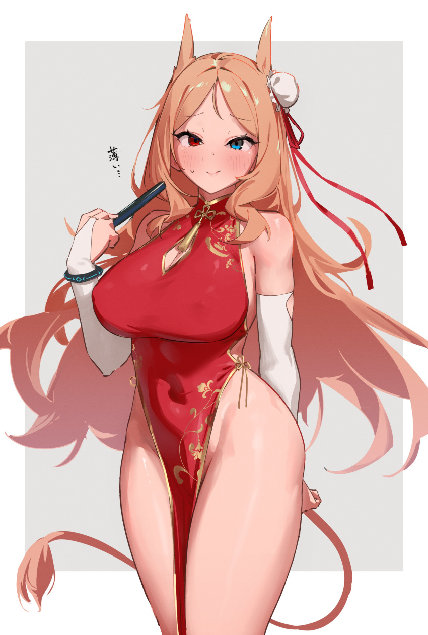 absurdres archetto_(arknights) arknights arm_behind_back blue_eyes breasts china_dress chinese_clothes closed_mouth dress elbow_gloves female gloves heterochromia highres large_breasts long_hair looking_at_viewer nitro_(mugityaoisii) orange_hair red_dress red_eyes smile solo standing white_gloves