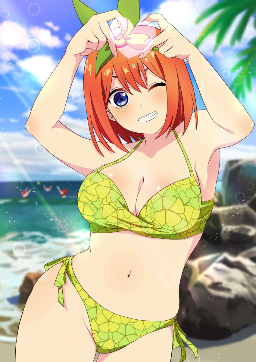 4-finger_heart_hands ;d bare_arms bikini blue_eyes blurry blurry_background blush breasts cleavage closed_eyes clover_print commentary cowboy_shot curvy day eyebrows_hidden_by_hair eyelashes female go-toubun_no_hanayome green_bikini green_ribbons grin hair_between_eyes hair_ribbon halterneck happy heart heart_hands heart_in_heart_hands highres large_breasts looking_at_viewer medium_hair nakano_yotsuba navel ocean one_eye_closed orange_hair outdoors print_bikini ribbon rock side-tie_bikini_bottom smile solo sparkle straight_hair sunlight swimsuit v-shaped_eyebrows yayoi_(dygk8777)