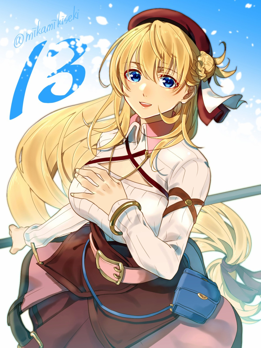 :d agnes_claudel artist_name belt beret blonde_hair blue_eyes bracelet breasts collared_shrug commentary_request countdown eiyuu_densetsu female hair_bun hat highres holding holding_staff jewelry kai_no_kiseki kuro_no_kiseki_(series) large_breasts long_hair low-tied_long_hair mikamikiseki necklace open_mouth red_hat smile solo staff teeth twitter_username upper_teeth_only