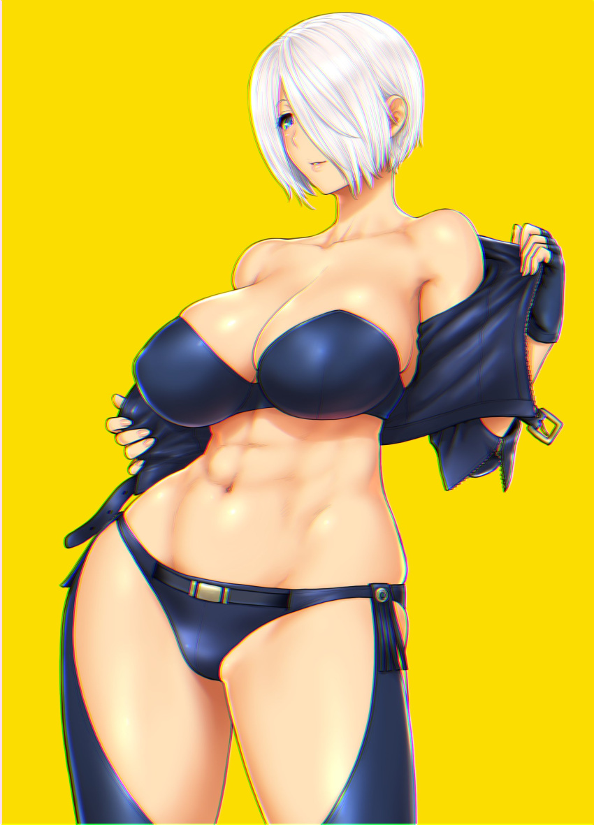 abs absurdres angel_(kof) birthday bra breasts chaps cleavage commentary_request cropped_jacket curvy female fingerless_gloves gloves groin hair_over_one_eye happy_birthday highres jacket large_breasts leather midriff navel panties signature snk solo st.germain-sal strapless strapless_bra the_king_of_fighters toned underwear white_hair