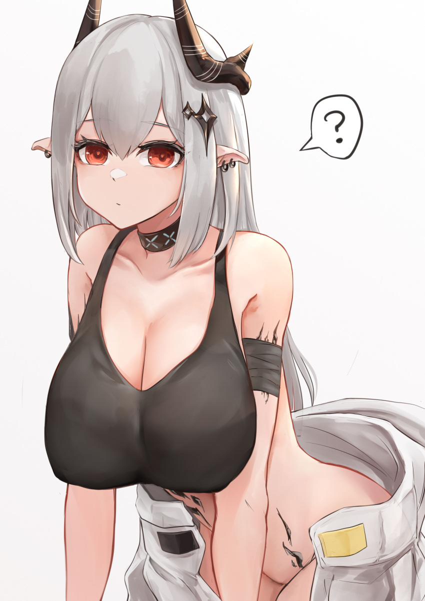 :/ ? absurdres arknights armband bare_shoulders black_armband black_bandages black_choker black_horns black_tank_top breasts choker cleavage closed_mouth collarbone cowboy_shot crop_top ear_piercing eyelashes female gradient_background grey_hair hair_between_eyes hair_ornament highres horns infection_monitor_(arknights) jumpsuit jumpsuit_around_waist large_breasts leaning_forward long_hair looking_at_viewer material_growth mudrock_(arknights) no_panties open_jumpsuit oripathy_lesion_(arknights) piercing pointy_ears red_eyes solo spoken_question_mark srn_ana standing straight_hair tank_top white_background white_jumpsuit