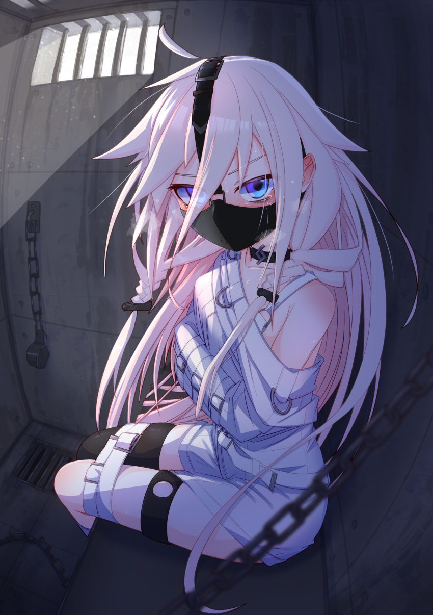 absurdres barred_window blue_eyes blush bound bound_arms bound_legs chains choker collarbone commentary_request female gag gagged highres ia_(vocaloid) indoors long_hair looking_at_viewer menou_74 pink_hair prison_cell single_bare_shoulder single_thighhigh sitting solo straitjacket tearing_up thighhighs vocaloid