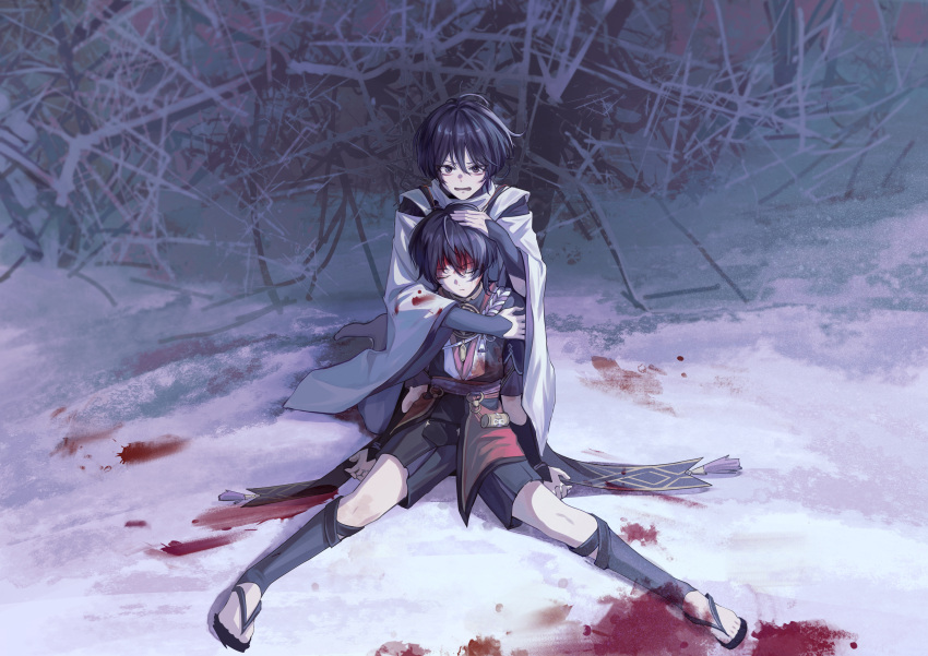 2boys absurdres ahoge arm_around_shoulder armor arms_at_sides behind_another black_bodysuit black_eyes black_footwear black_hair black_kimono black_shorts black_sleeves blood blood_on_clothes blood_on_face blood_on_feet blood_on_snow blunt_ends bodysuit bush closed_mouth clothing_cutout distress dterl dual_persona facing_viewer full_body genshin_impact gold hair_between_eyes hair_intakes han'eri hand_on_another's_arm hand_on_another's_head highres injury japanese_armor japanese_clothes jewelry kariginu kimono kneeling knees kote kurokote layered_clothes layered_kimono layered_sleeves leaning_on_person legs_apart long_sleeves multiple_boys neck_ring o-ring open_clothes open_hands open_kimono open_mouth purple_rope purple_sash purple_sleeves red_kimono rope sandals sash scaramouche_(genshin_impact) scaramouche_(kabukimono)_(genshin_impact) shimenawa short_sleeves shorts shoulder_cutout sitting snow tassel toes unconscious v-shaped_eyebrows white_rope white_sleeves white_trim wide_sleeves zouri