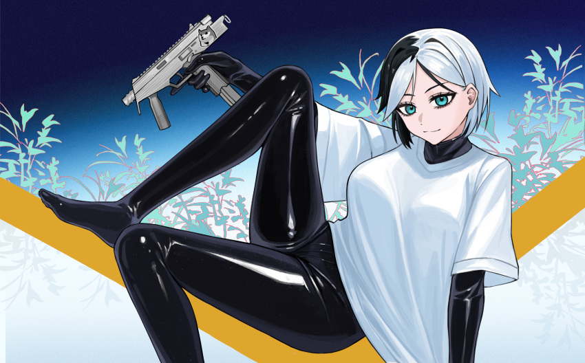 absurdres aqua_eyes b&t_mp9 black_bodysuit black_hair bodysuit breasts closed_mouth doge english_commentary female gun highres holding holding_gun holding_weapon latex latex_bodysuit light_smile looking_at_viewer miles2213x multicolored_hair original shirt short_hair sitting solo sticker submachine_gun t-shirt trigger_discipline two-tone_hair vegetation weapon white_hair white_shirt