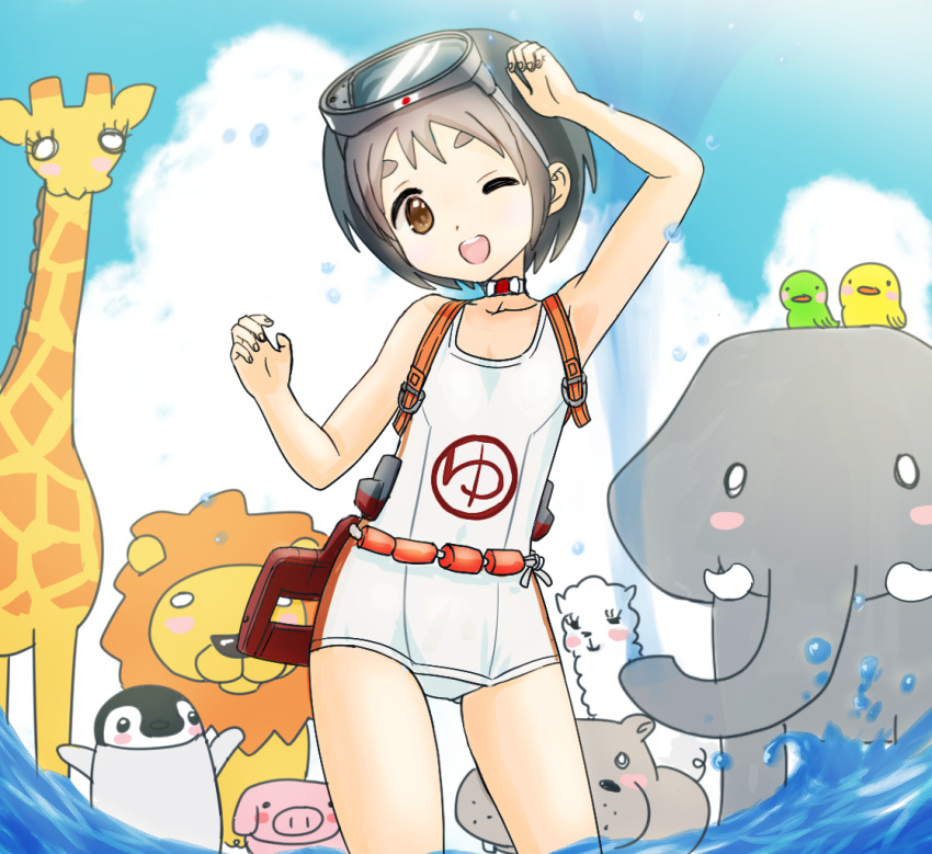 bird black_hair blue_sky brown_eyes choker clothes_writing cloud contrapposto diving_mask diving_mask_on_head elephant female flotation_belt giraffe goggles goggles_on_head hippopotamus kantai_collection kujira_naoto lion llama looking_at_viewer maru-yu_(kancolle) one-piece_swimsuit one_eye_closed open_mouth penguin pig round_teeth school_swimsuit short_hair sky standing swimsuit teeth thick_eyebrows upper_teeth_only wading water white_choker white_one-piece_swimsuit