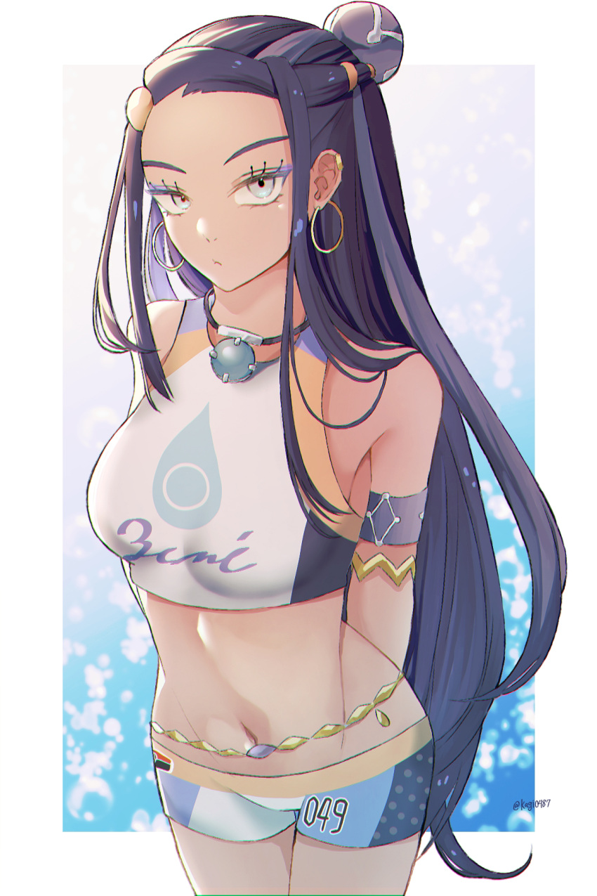 armlet bare_shoulders belly_chain bike_shorts black_hair breasts commentary_request cowboy_shot crop_top earclip earrings female hair_bun highres hoop_earrings jewelry kagi0487_(weiss_9610) long_hair looking_at_viewer midriff navel nessa_(pokemon) pokemon pokemon_swsh sideocks single_hair_bun solo sports_bra