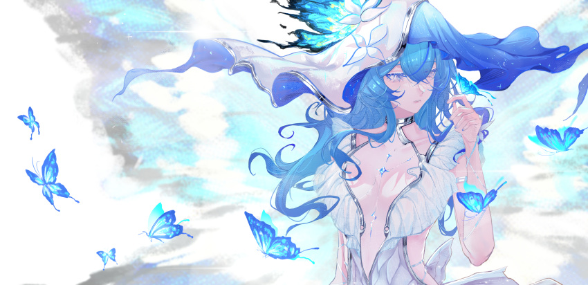 :o absurdres bare_arms blue_butterfly blue_eyes blue_hair blue_nails blue_veil body_markings breasts bug butterfly butterfly_on_hand butterfly_wings collarbone colored_eyelashes cracked_skin dress female frilled_dress frills glowing_butterfly hair_between_eyes highres insect_wings long_hair looking_at_hand looking_to_the_side low-cut medium_breasts nail_polish navel parted_lips sideless_dress solo stomach tacet_mark_(wuthering_waves) the_shorekeeper_(wuthering_waves) upper_body veil white_dress wings wuqin wuthering_waves