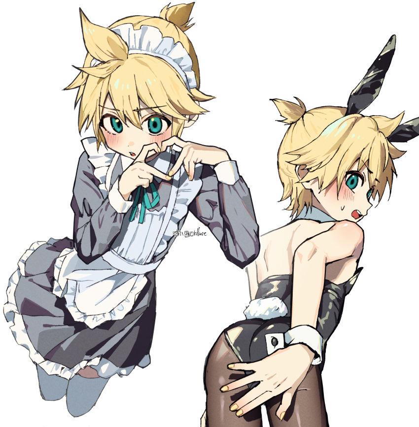 1boy animal_ears apron bare_shoulders black_dress black_leotard black_pantyhose blonde_hair blush bunny_(vocaloid) commentary_request crossdressing dress embarrassed eyelashes frilled_apron frills from_above from_behind green_eyes heart heart_hands highres kagamine_len leotard looking_at_viewer maid male_focus male_maid male_playboy_bunny open_mouth otoko_no_ko pantyhose playboy_bunny rabbit_ears rabbit_tail shiny_clothes short_hair shy sweatdrop tail thighhighs upper_body vocaloid white_apron white_background white_thighhighs yoruhachi