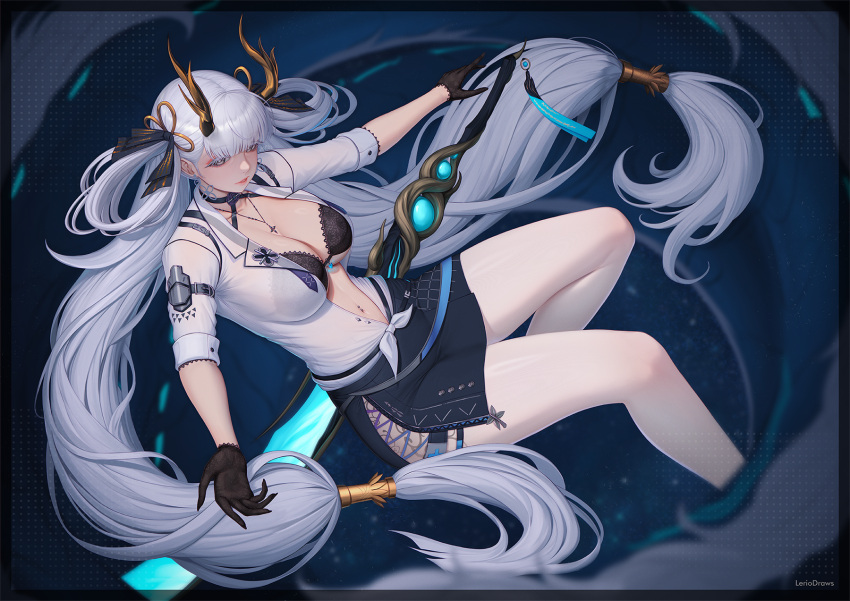 black_bra black_gloves black_horns bra breasts bright_pupils cosplay cross cross_necklace eastern_dragon_horns female gloves hair_tubes highres horns jewelry jinhsi_(wuthering_waves) large_breasts lerio_(leriodraws) long_hair looking_at_viewer navel navel_piercing necklace open_clothes open_shirt pantyhose piercing ring_hair_extensions roslyn_(tower_of_fantasy) roslyn_(tower_of_fantasy)_(cosplay) roslyn_(undercover_attire)_(tower_of_fantasy) see-through_clothes see-through_shirt shirt skirt sleeves_rolled_up solo tower_of_fantasy two_side_up underwear very_long_hair white_eyelashes white_eyes white_hair white_pantyhose white_pupils white_shirt wuthering_waves