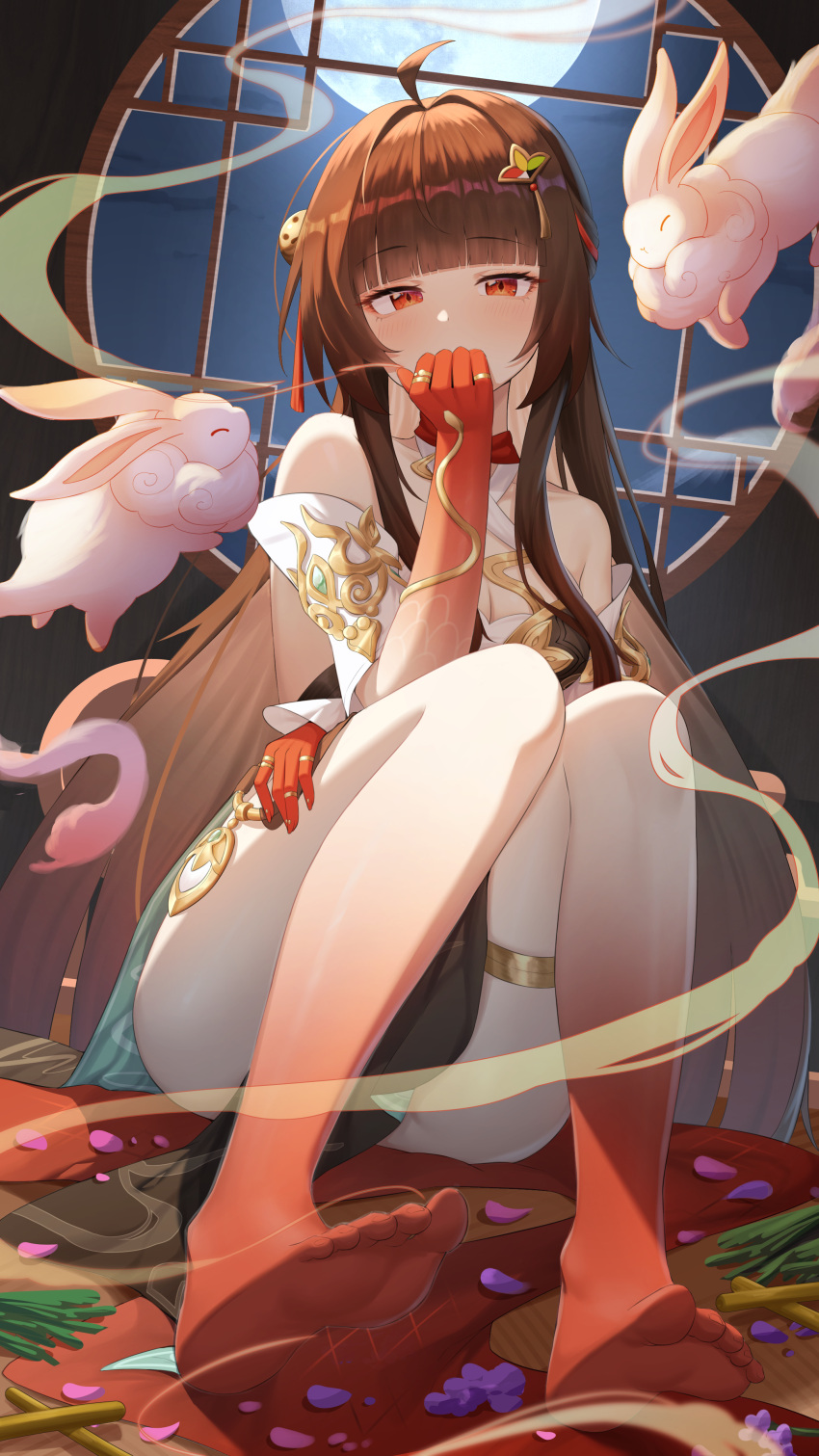 absurdres animal bare_shoulders barefoot breasts brown_hair chinese_clothes cleavage colored_extremities commentary_request covering_own_mouth criss-cross_halter detached_sleeves diamond-shaped_pupils diamond_(shape) female full_moon fuyuan_(honkai:_star_rail) halterneck hand_on_own_thigh hand_to_own_mouth hand_up highres honkai:_star_rail honkai_(series) indoors knees_up lingsha_(honkai:_star_rail) long_hair looking_at_viewer medium_breasts moon night ningjuice orange_eyes pelvic_curtain petals red_feet red_hands round_window scales sitting smoke solo symbol-shaped_pupils toes window