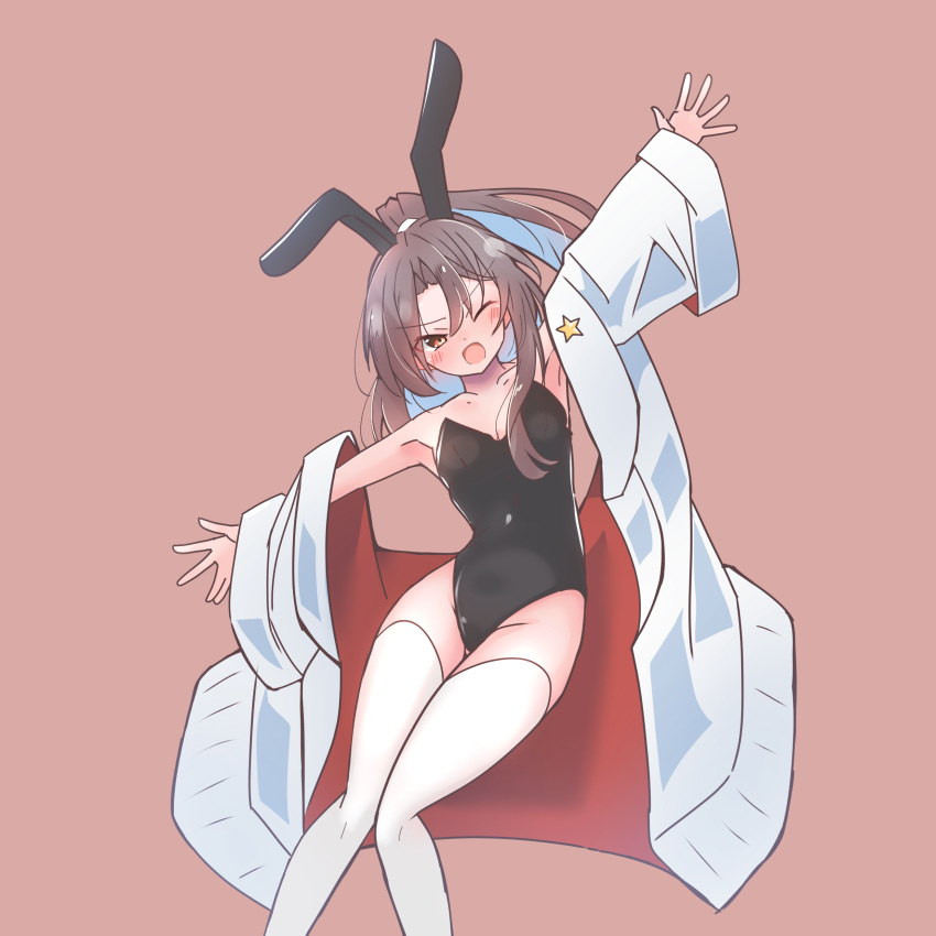 702_(naotsu) absurdres alternate_costume animal_ears black_leotard breasts brown_background brown_eyes coat fake_animal_ears feet_out_of_frame female grey_hair highres kantai_collection leotard long_hair one_eye_closed open_clothes open_coat outstretched_arms playboy_bunny rabbit_ears simple_background small_breasts smile solo strapless strapless_leotard thighhighs white_coat white_thighhighs zuihou_(kancolle)